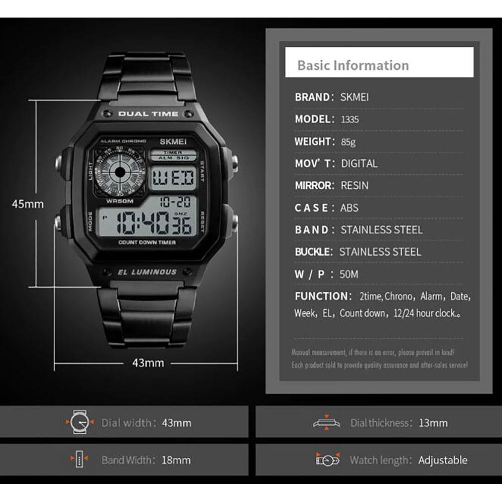 SKMEI 1335 Men's Digital Sports Watch Square Dial Stainless Steel Strap Waterproof Wristwatches - Silver