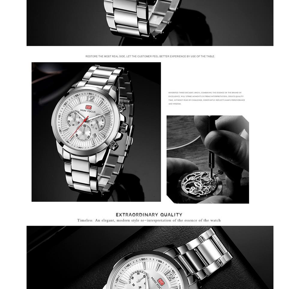 MINI FOCUS MF0087G Men's Business Quartz Watch Chronograph Stainless Steel Strap Wristwatch - Black