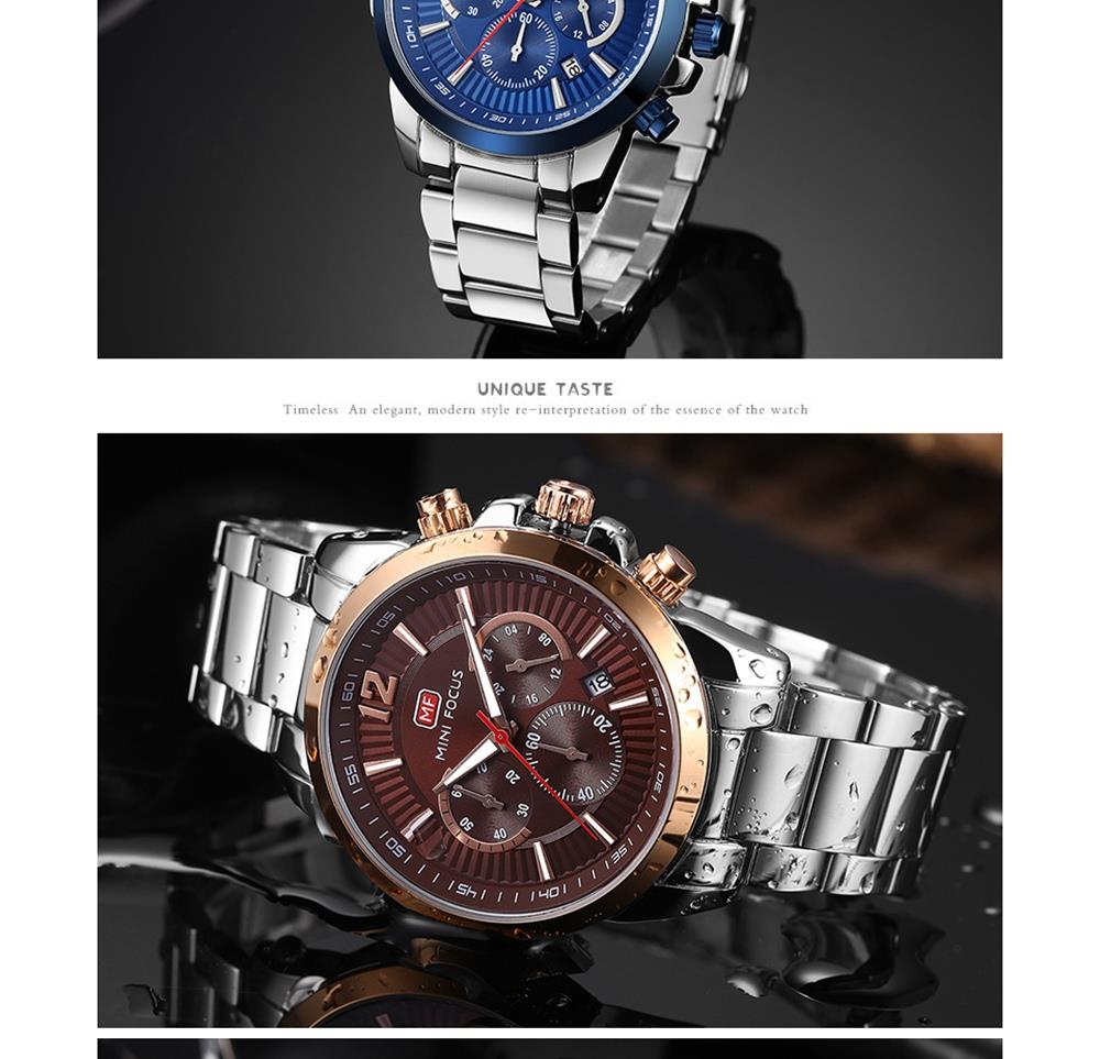 MINI FOCUS MF0087G Men's Business Quartz Watch Chronograph Stainless Steel Strap Wristwatch - Black