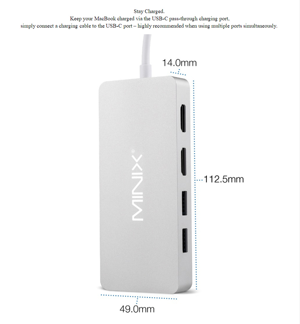 MINIX NEO C Plus USB-C Multiport Adapter with Dual HDMI Output 4K Adapter 3 USB 3.0 Gigabit Ethernet USB-C Charging - Gray