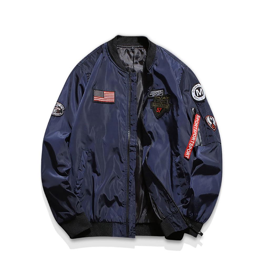 C9901 Men's Autumn Casual Embroidered Round Neck Bomber Pilot Jacket (Long Sleeve Coat Size M) - Dark Blue
