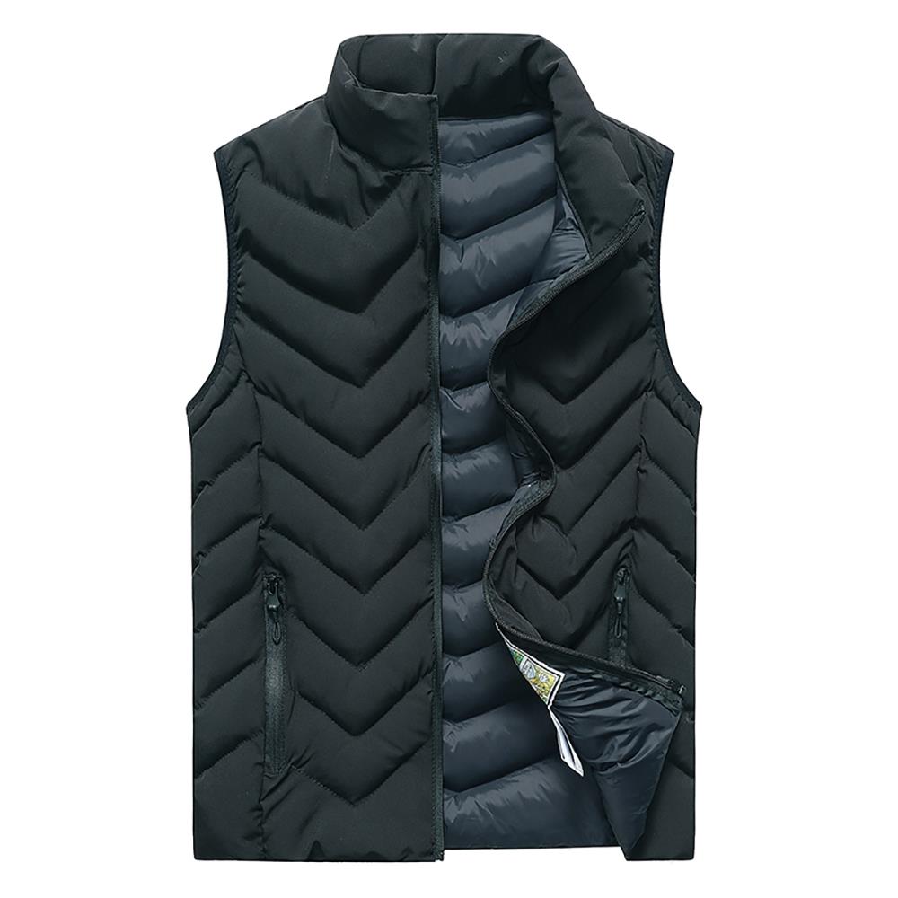 Men Winter Thick Stand Collar Solid Color Cotton Waistcoat Sleeveless Vest Size XL - Black