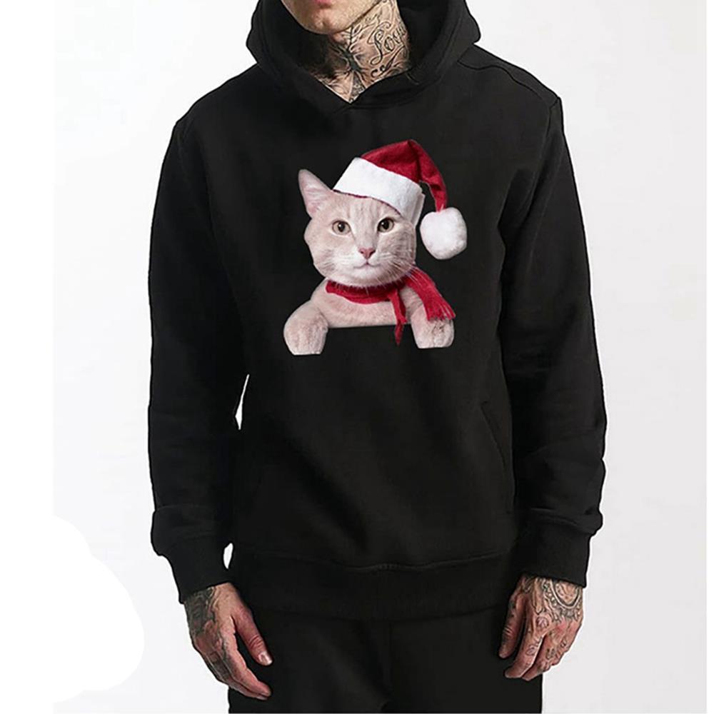 Unisex Christmas Series Cartoon Cat Pattern Hoodie (Hooded Pullover Sweatshirt Size S) - Black