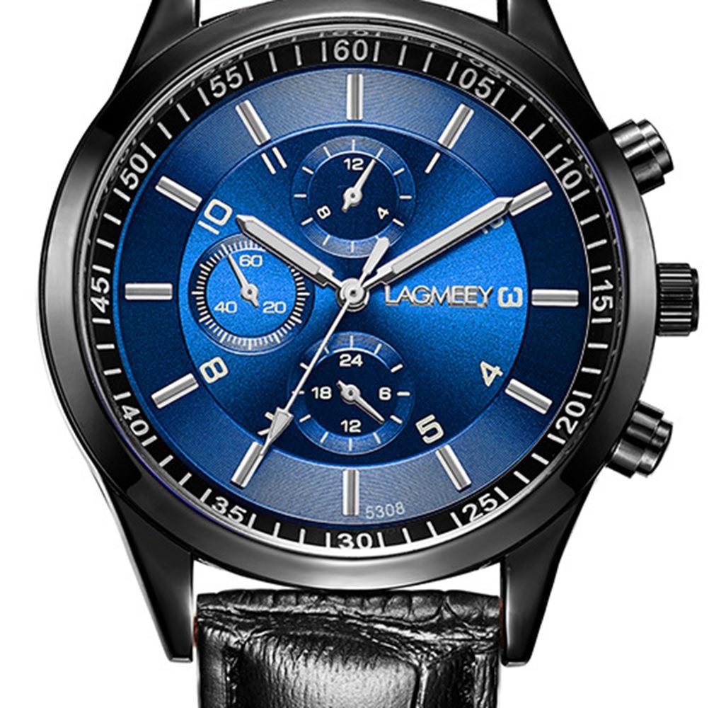 LAGMEEY W5308 Heren casual zakelijk analoog polshorloge quartz uurwerk  PU-leer - zwarte band + blauwe wijzerplaat