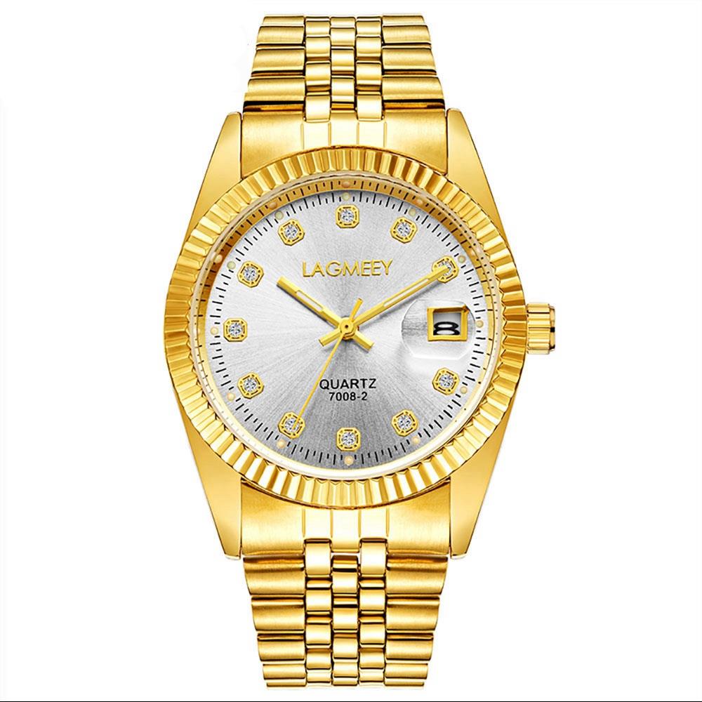 W7008 Men Business Wrist Quartz Watch Stainless Steel Gold White