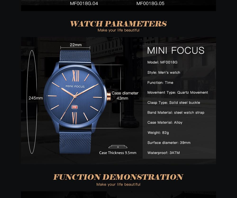 MINI FOCUS MF0018G Men's Casual Business Thin Quartz Watch Stainless Steel Strap Wristwatch - Blue
