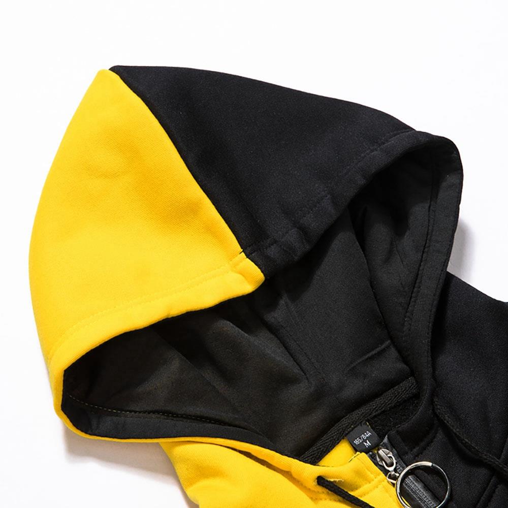WY36 Men's Casual Color Block Zipper Design Cotton Hoodie Size S - Yellow and Black