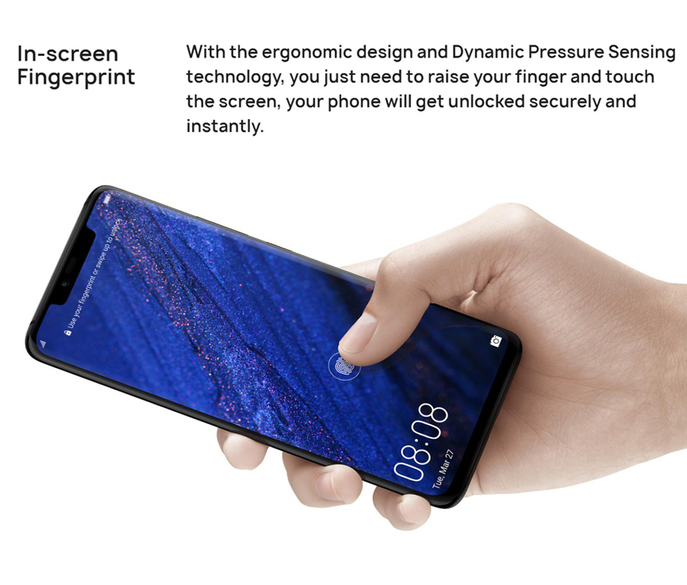 HUAWEI Mate 20 Pro (UD) 6.39 Inch 4G LTE Smartphone Kirin 980 8GB 128GB 40.0MP+20.0MP+8.0MP Triple Rear Cameras EMUI 9 Type-C NFC IR Remote Control - Bright Black