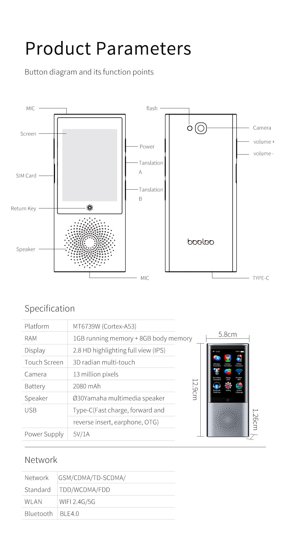 boeleo W1 AI Touch Control Voice Translator 45 Languages 2.4G + 5G WiFi BT4.0 4G SIM 1300 Pixel - Platinum