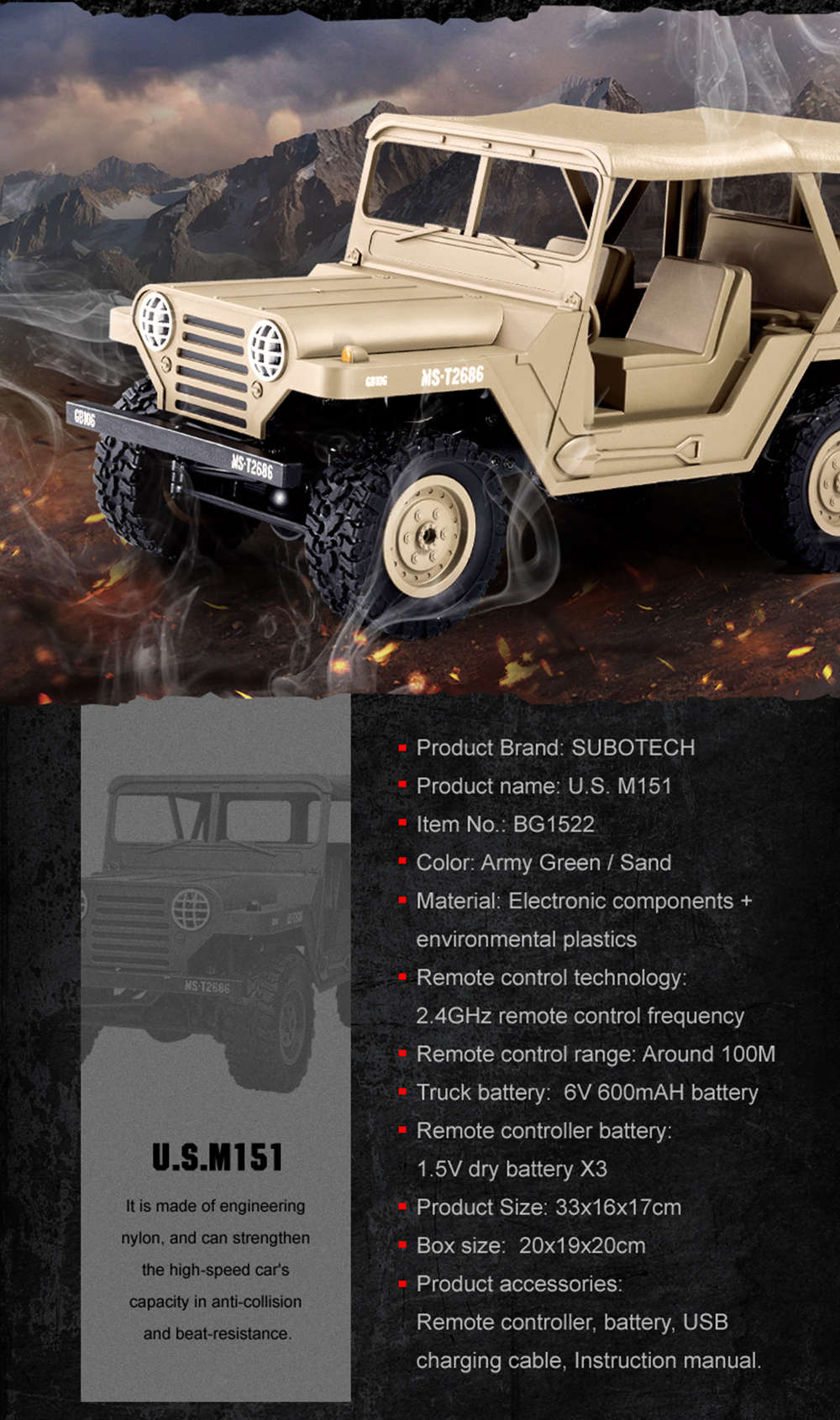 SUBOTECH BG1522 U.S.M151 JEEP 1/14 2.4G 4WD OFF-Road RC Car with LED Lights RTR - Yellow