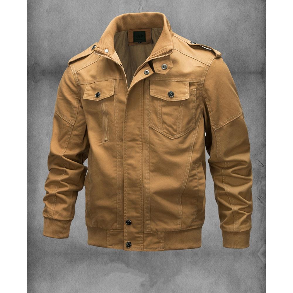 CA806 Men Casual Stand Collar Cotton Bomber Jacket Size L Khaki