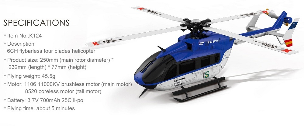 XK K124 EC145 6CH Brushless RC Helicopter 3D 6G System Inverted Flight Copter RTF