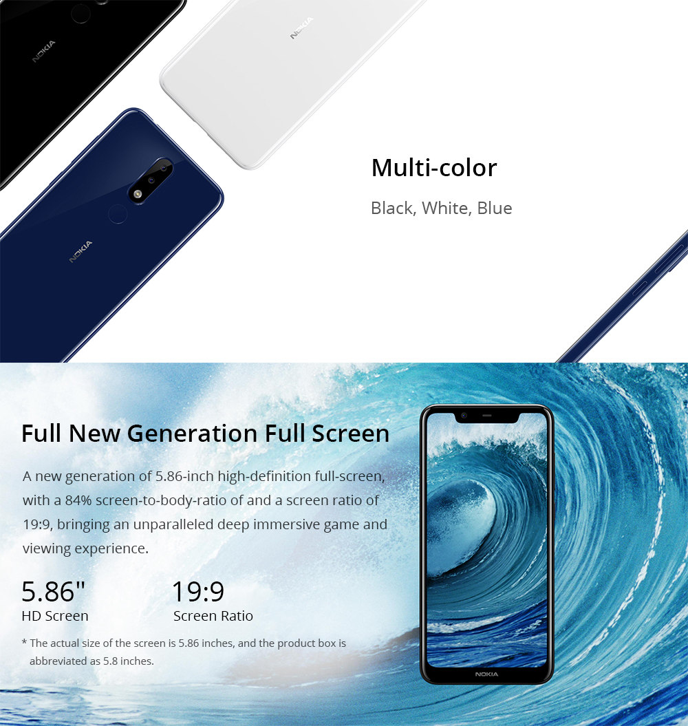[Official Global ROM]Nokia X5 5.86 Inch 4G LTE Smartphone Helio P60 3GB 32GB 13.0MP+5.0MP Dual Rear Cameras Android 8.1 Type-C Touch ID - Blue