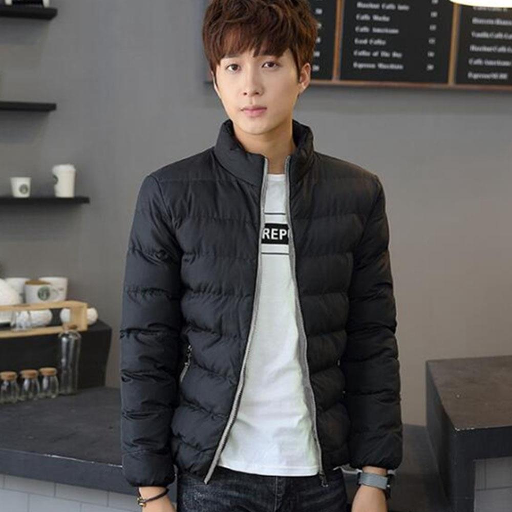 Men's Autumn And Winter Basic Casual Thick Cotton Down Jacket (Stand Collar Warm Coat Size L) - Black + Gray