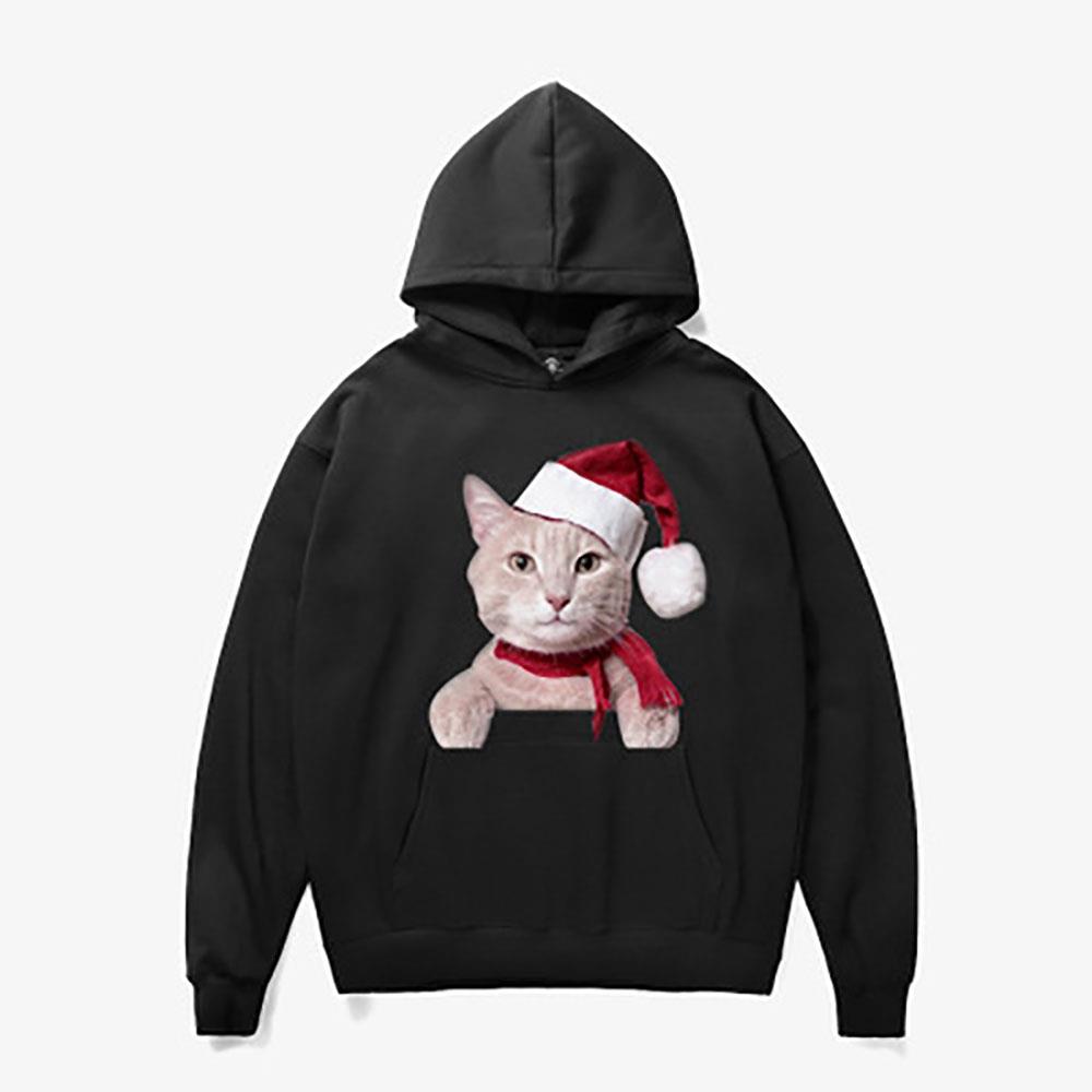 Unisex Christmas Series Cartoon Cat Pattern Hoodie (Hooded Pullover Sweatshirt Size S) - Black