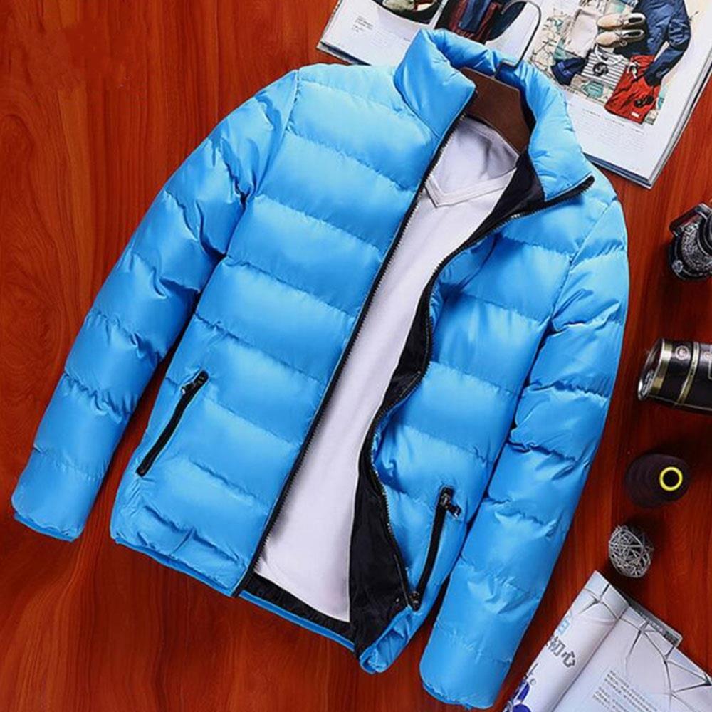 Men's Autumn And Winter Basic Casual Thick Cotton Down Jacket (Stand Collar Warm Coat Size L) - Light Blue