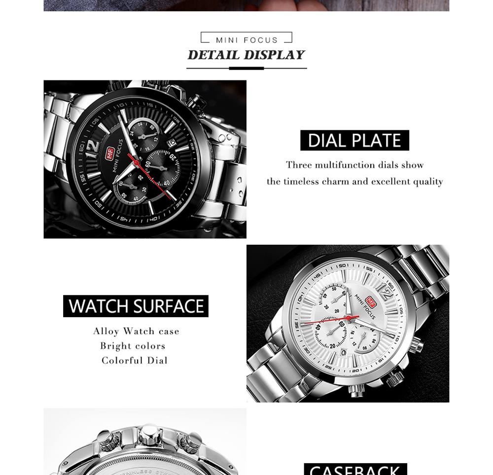 MINI FOCUS MF0087G Men's Business Quartz Watch Chronograph Stainless Steel Strap Wristwatch - Black