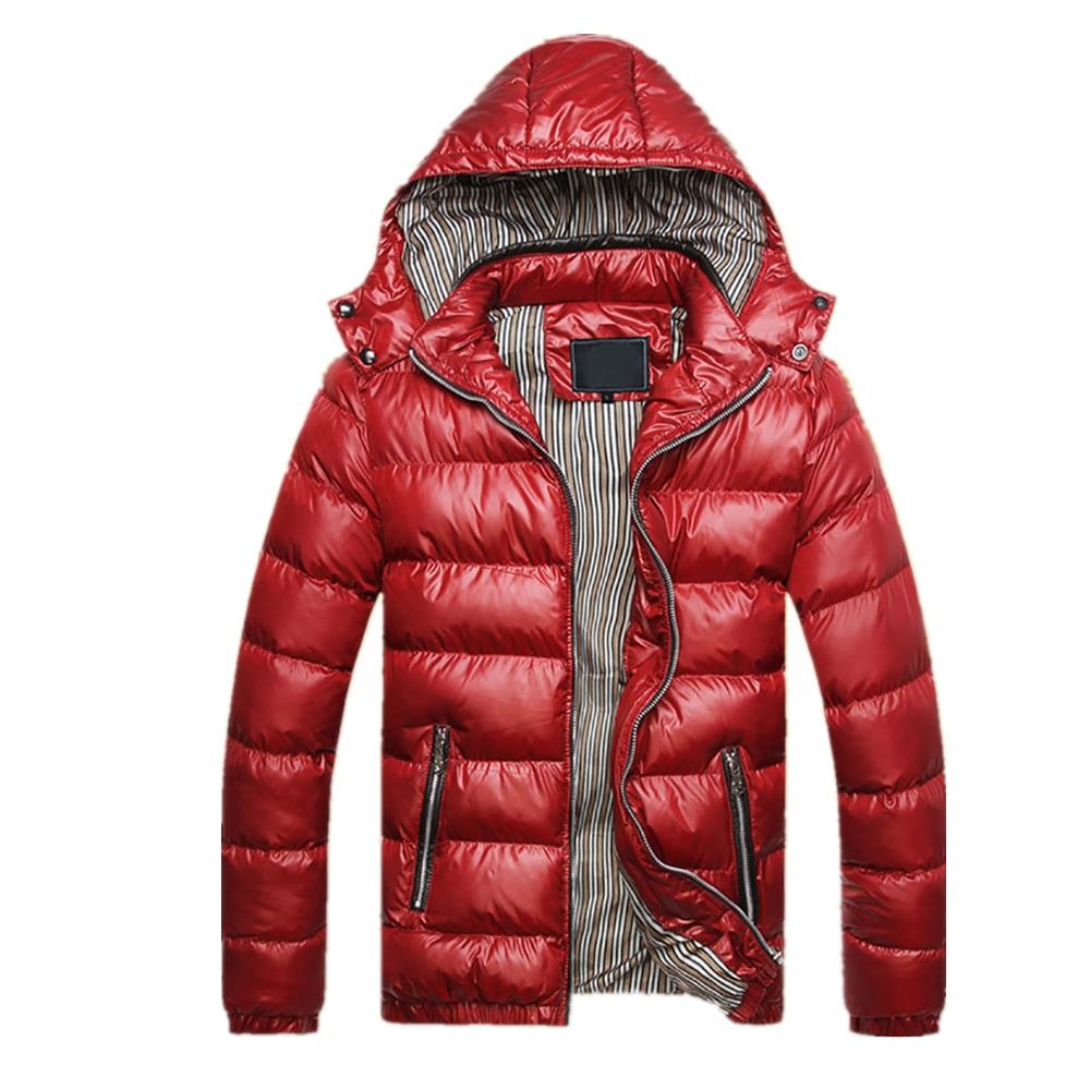 TG220 Men's Winter Hooded Down Jacket (Cotton Padded Warm Slim Fit Coat Size L) - Red