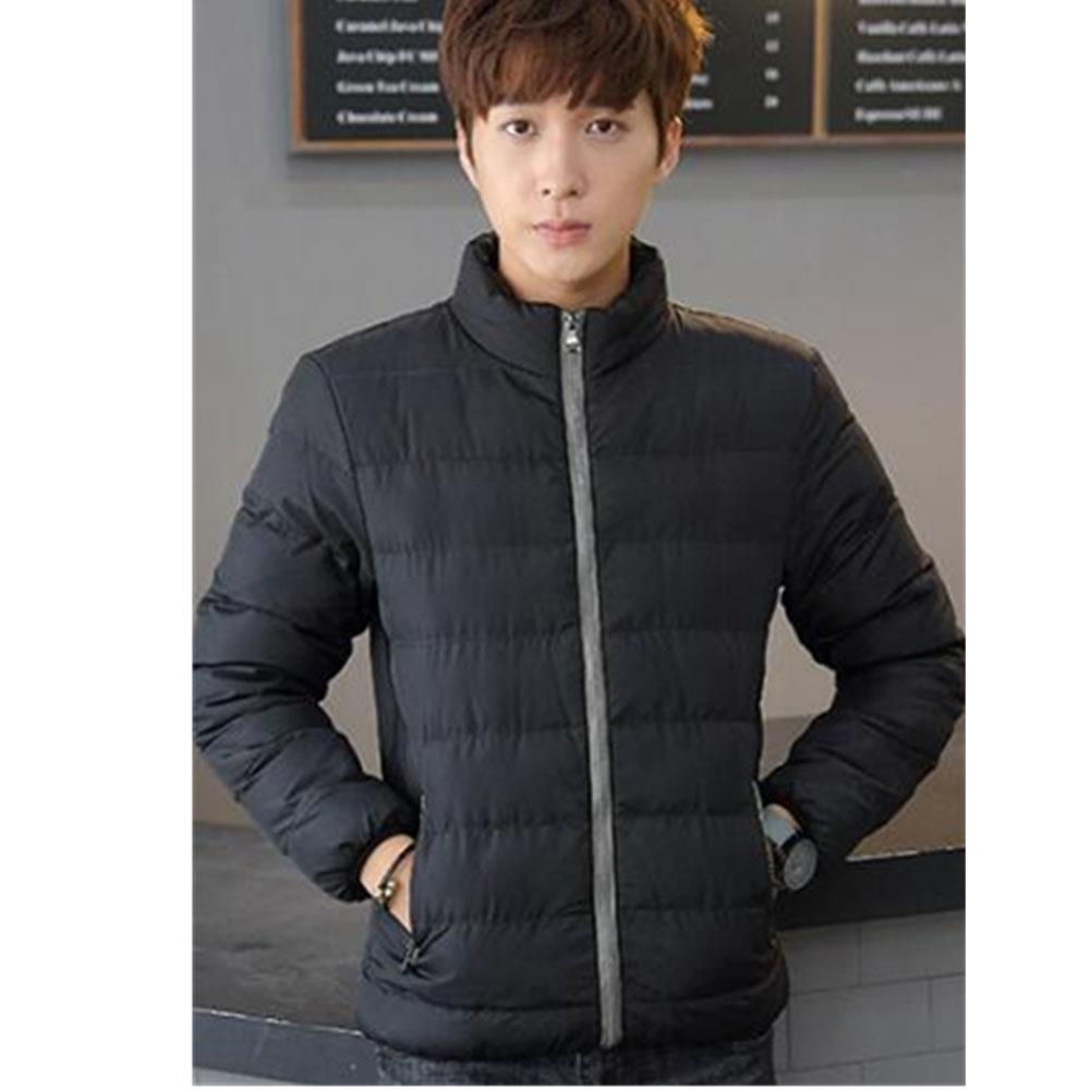 Men's Autumn And Winter Basic Casual Thick Cotton Down Jacket (Stand Collar Warm Coat Size L) - Black + Gray