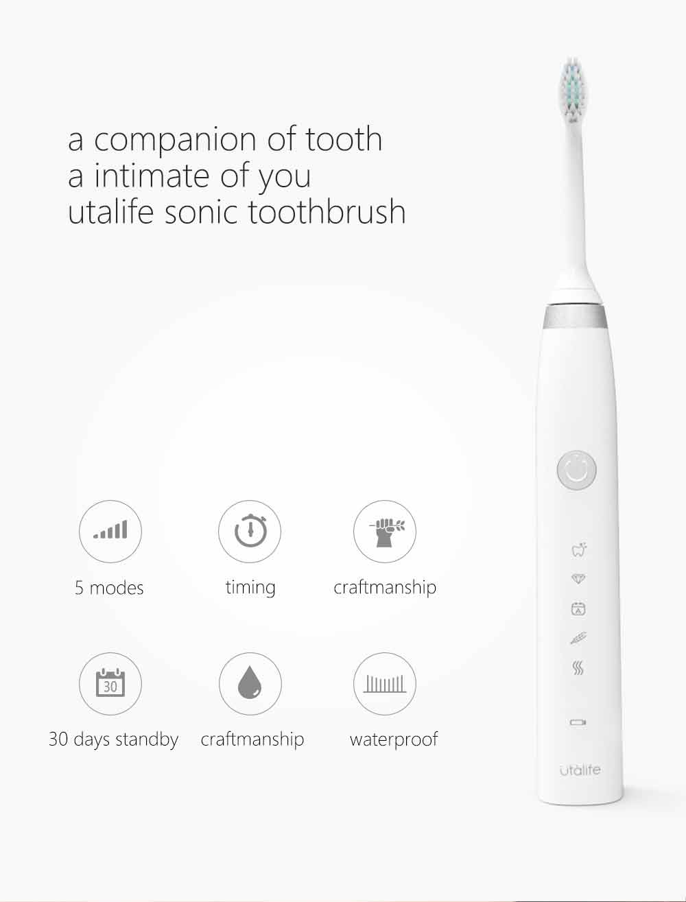 Utalife TB601 Sonic Electric Toothbrush Rechargeable IPX7 Water Resistant 5 Modes - Black
