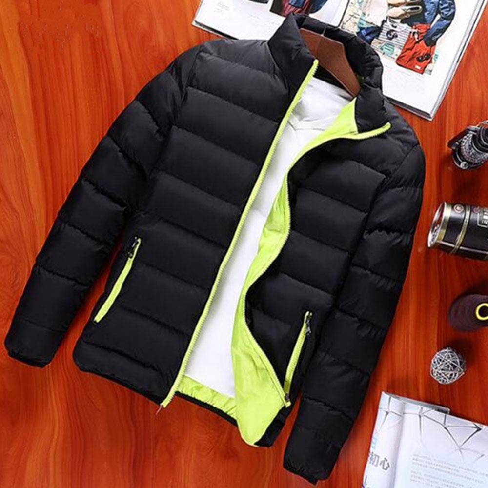 Men's Autumn And Winter Basic Casual Thick Cotton Down Jacket (Stand Collar Warm Coat Size L) - Black + Green