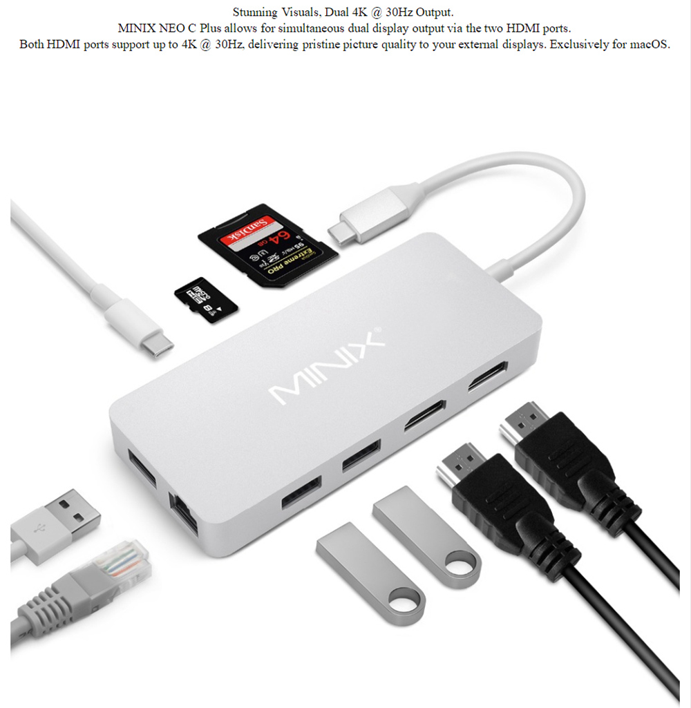 MINIX NEO C Plus USB-C Multiport Adapter with Dual HDMI Output 4K Adapter 3 USB 3.0 Gigabit Ethernet USB-C Charging - Gray