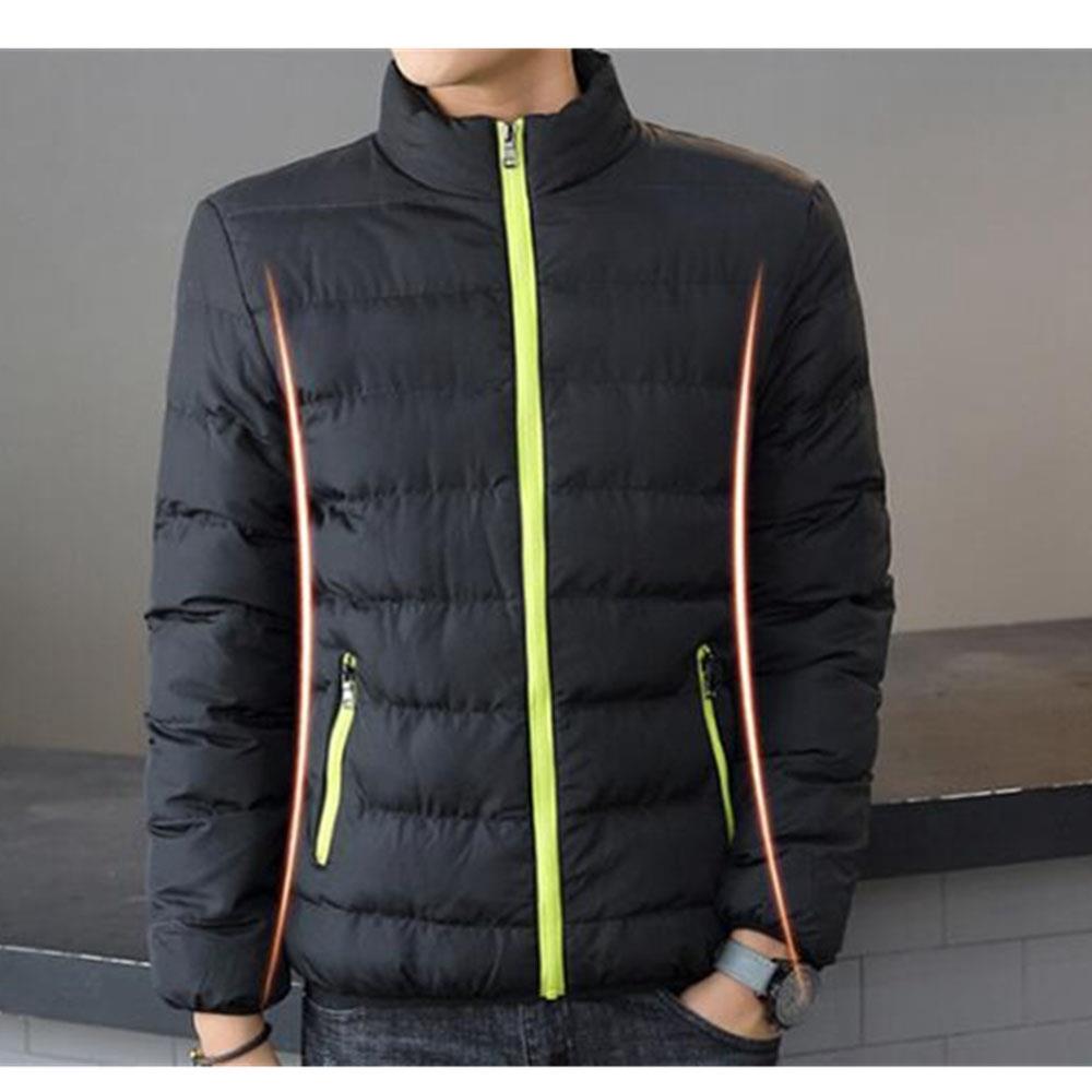 Men's Autumn And Winter Basic Casual Thick Cotton Down Jacket (Stand Collar Warm Coat Size L) - Black + Green