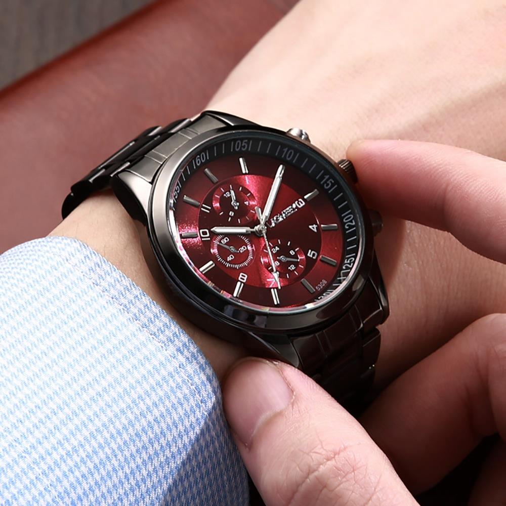 W5308 Men Casual Analog Quartz Wrist Watch Stainless Steel Black Red