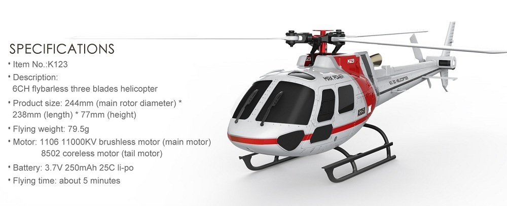 XK K123 AS350 6CH RC Helicopter Brushless 3D Aerobatics 6G System Copter RTF