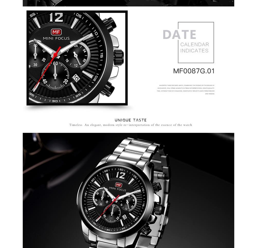 MINI FOCUS MF0087G Men's Business Quartz Watch Chronograph Stainless Steel Strap Wristwatch - Black
