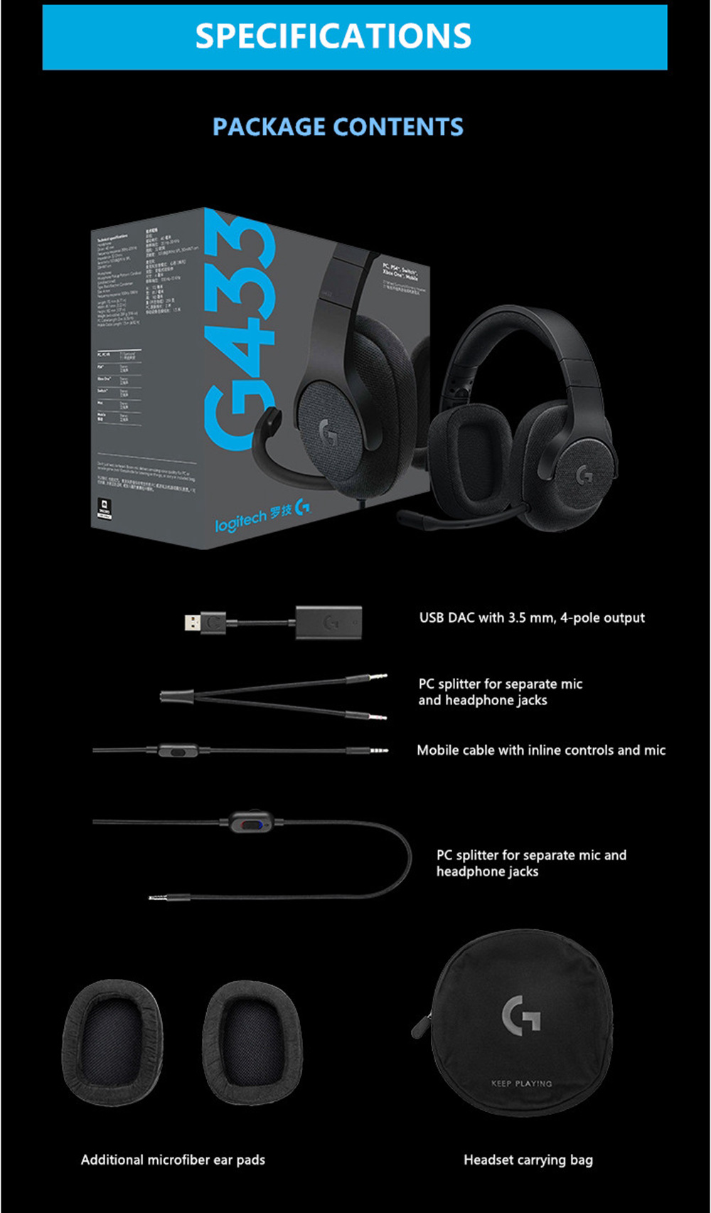 Logitech G433 7.1 Wired Surround Sound Gaming Headset with Mic E-sports Headset - Black