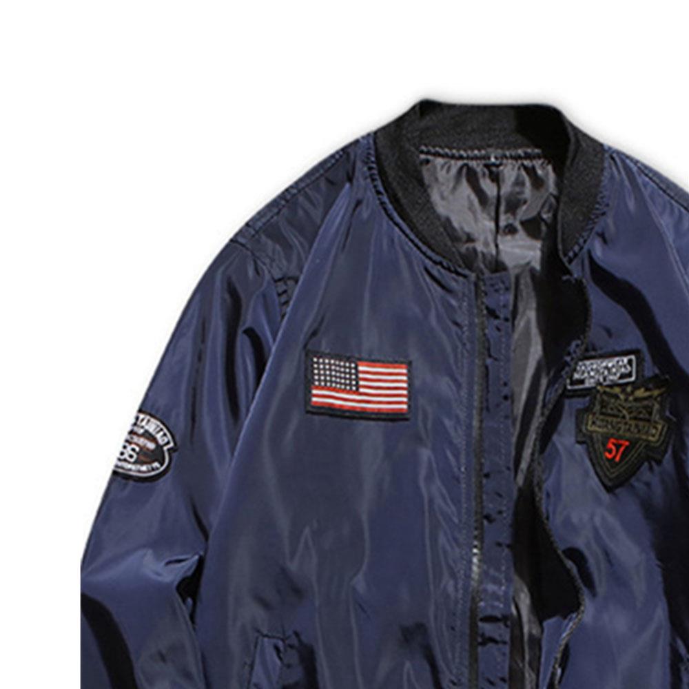 C9901 Men's Autumn Casual Embroidered Round Neck Bomber Pilot Jacket (Long Sleeve Coat Size M) - Dark Blue