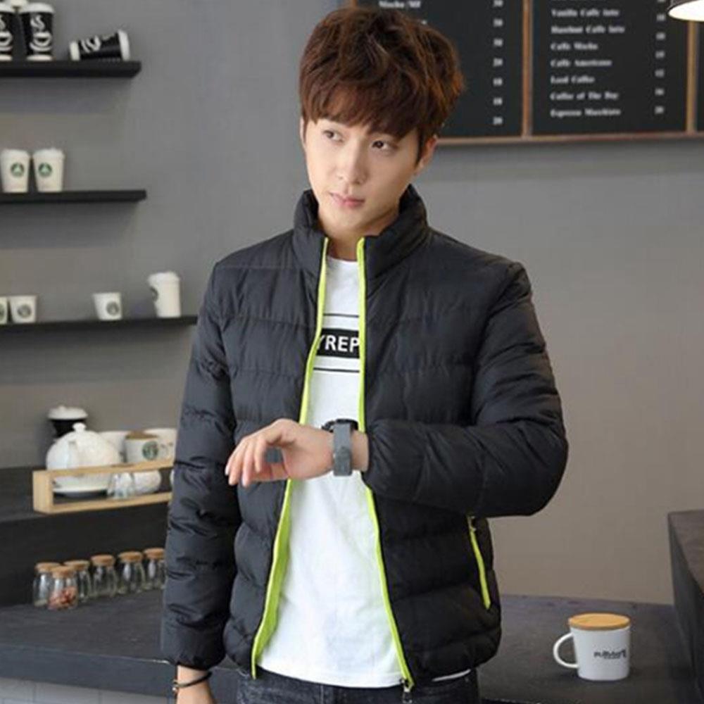 Men's Autumn And Winter Basic Casual Thick Cotton Down Jacket (Stand Collar Warm Coat Size L) - Black + Green