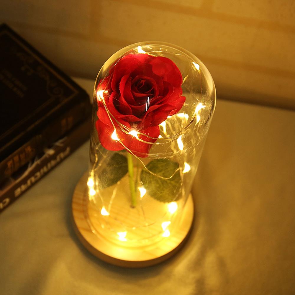 Flowers Glass Cover Wooden Base Flower LED Light Beige Type D
