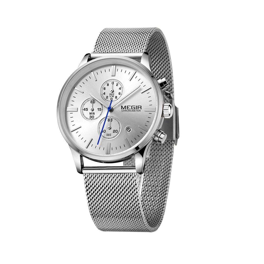 ML2011G MEGIR Men's Sports Wrist Watch Business Analog Casual Quartz Movement Stainless Steel - Silver