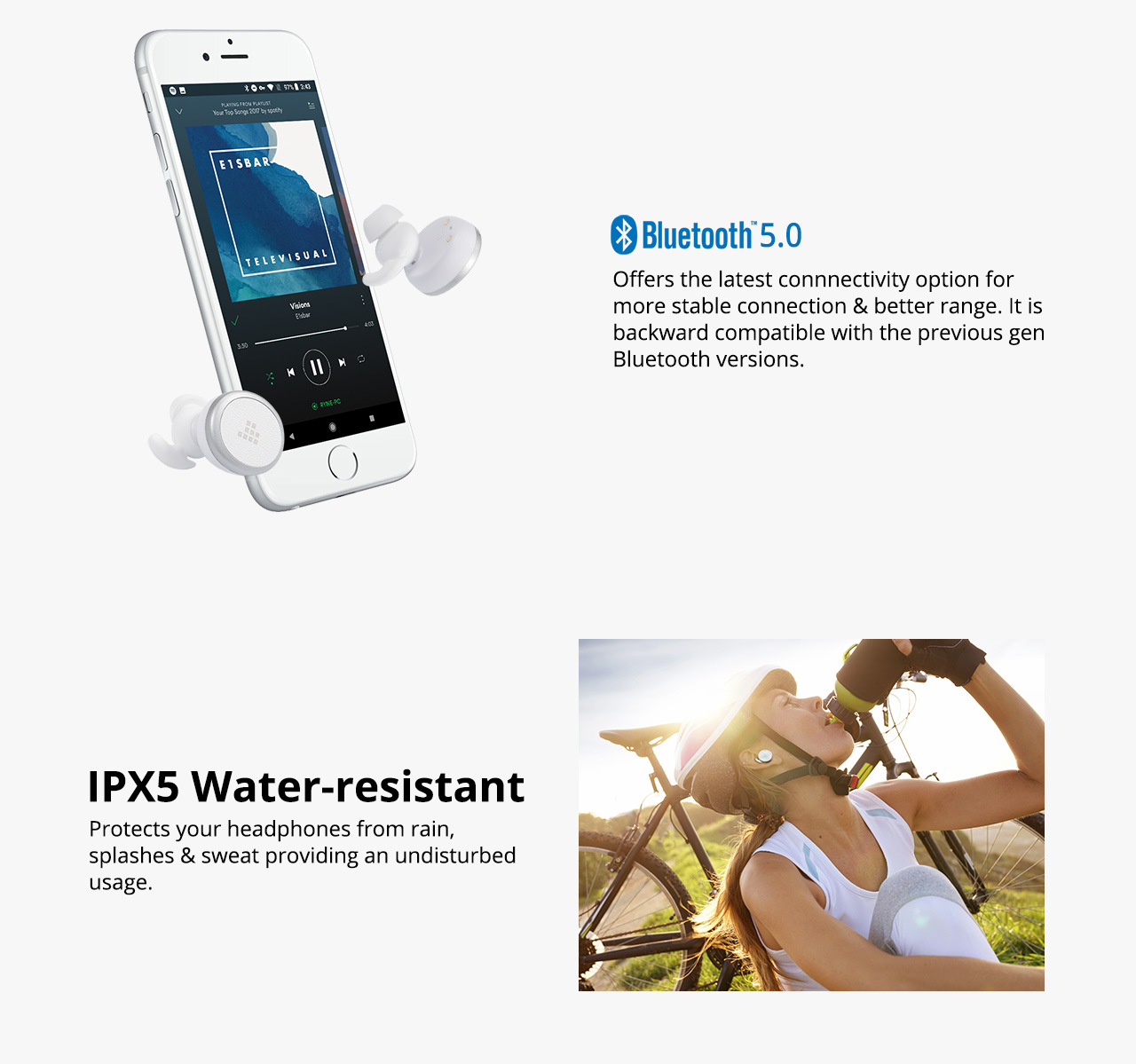 Tronsmart Encore Spunky Buds Bluetooth Headphones True Wireless Stereo Earbuds with IPX5 Water Resistant - White