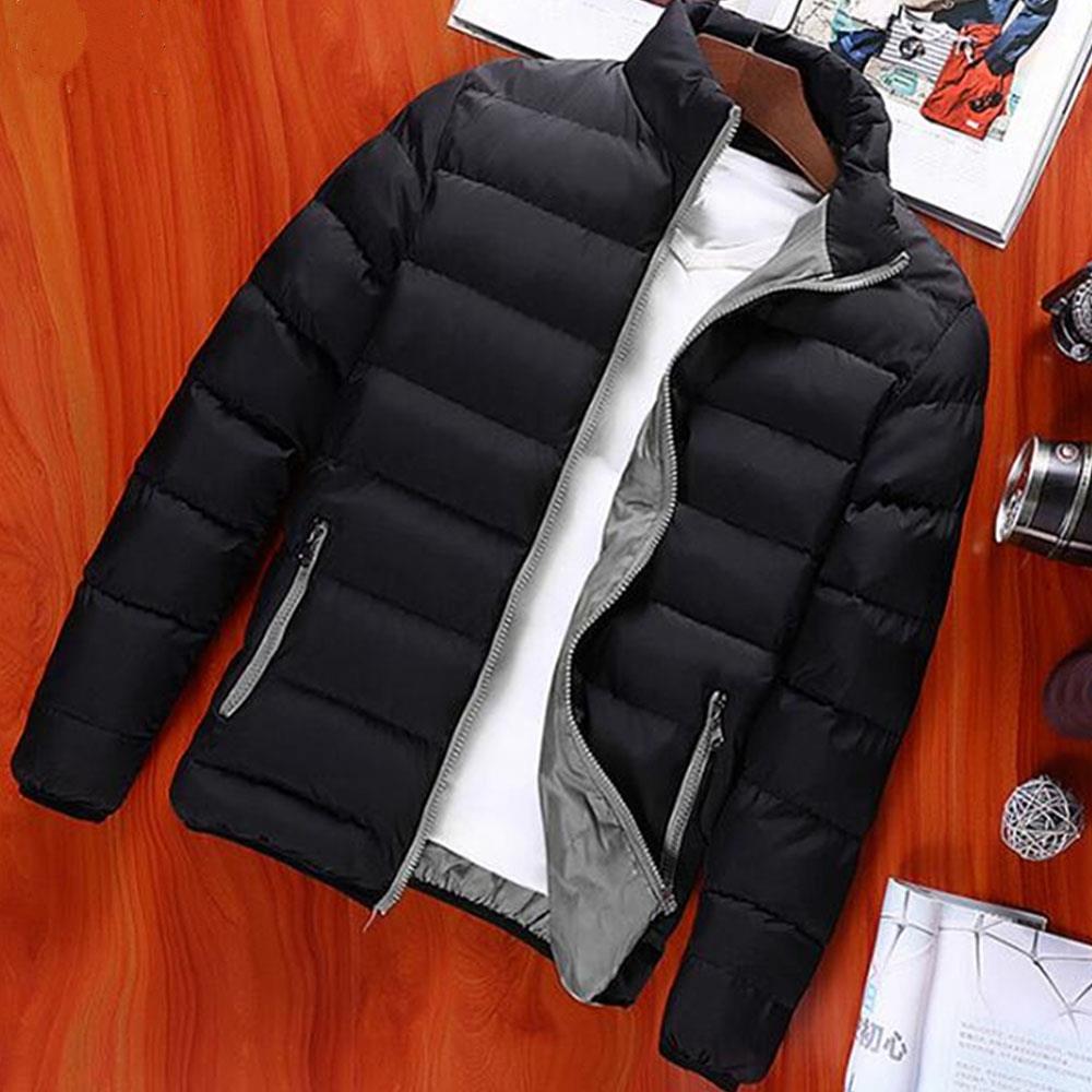 Men's Autumn And Winter Basic Casual Thick Cotton Down Jacket (Stand Collar Warm Coat Size L) - Black + Gray