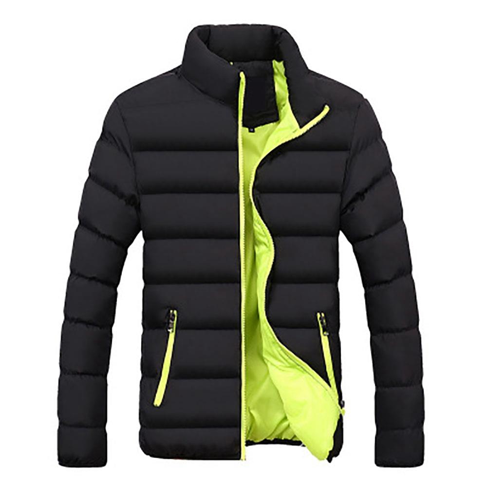 Men's Autumn And Winter Basic Casual Thick Cotton Down Jacket (Stand Collar Warm Coat Size L) - Black + Green