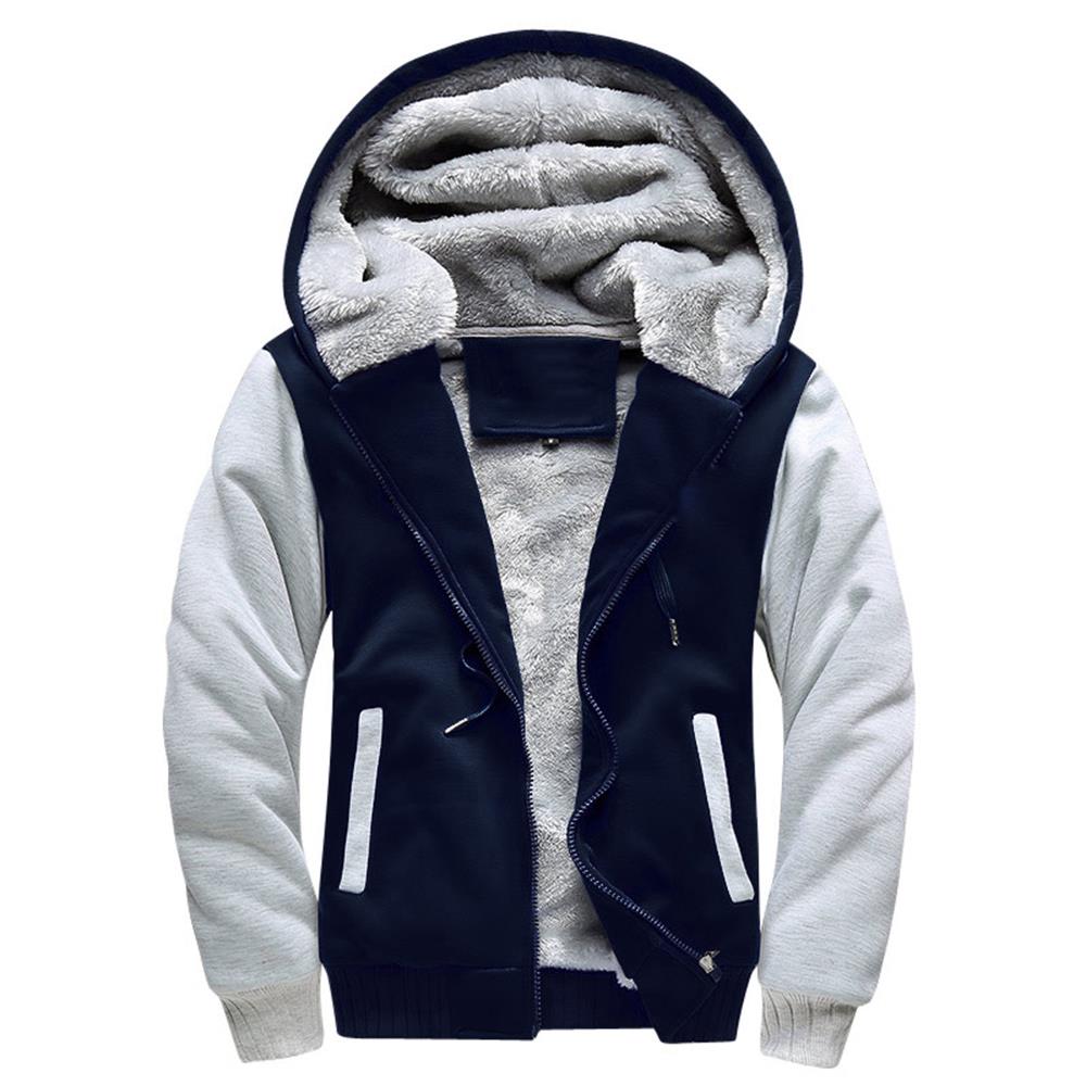 W02 Men's Autumn Winter Casual Color Block Cotton Cashmere Hooded Coat Size M - Blue + Gray