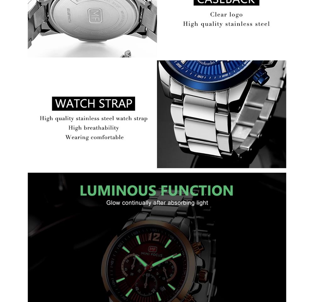 MINI FOCUS MF0087G Men's Business Quartz Watch Chronograph Stainless Steel Strap Wristwatch - Black