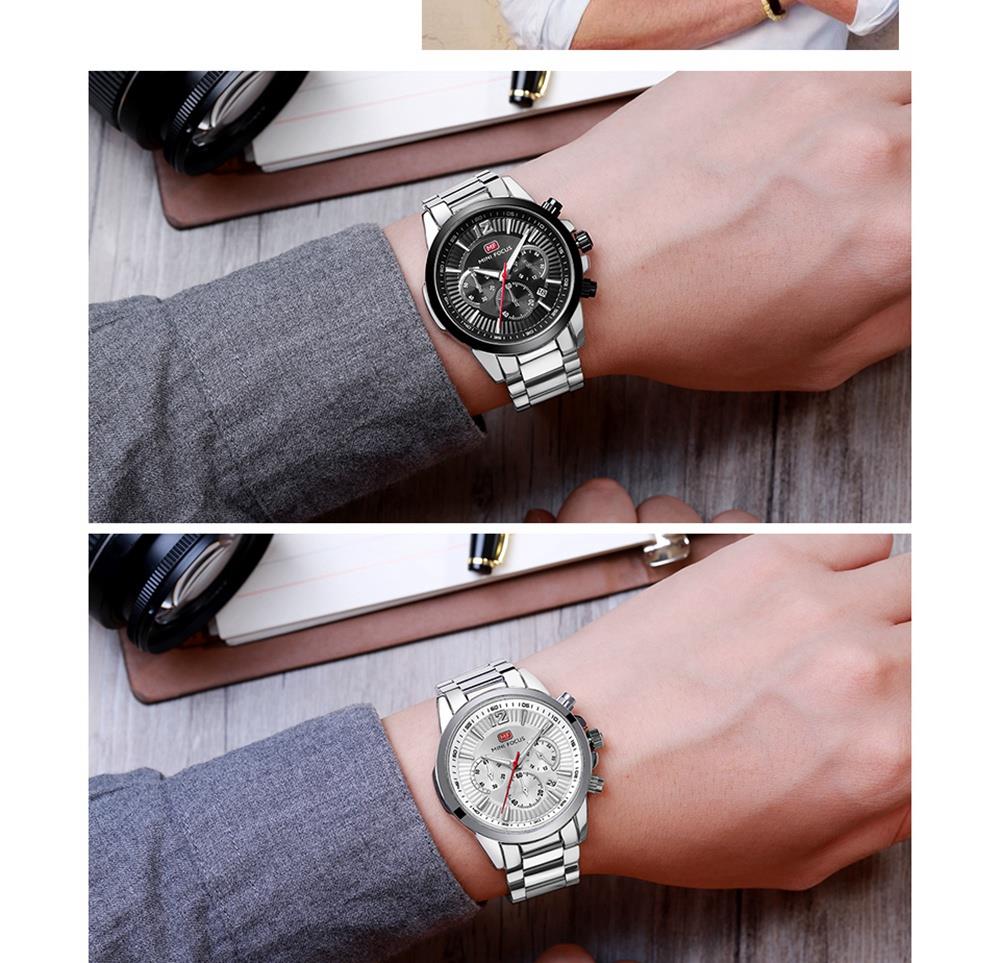 MINI FOCUS MF0087G Men's Business Quartz Watch Chronograph Stainless Steel Strap Wristwatch - Black