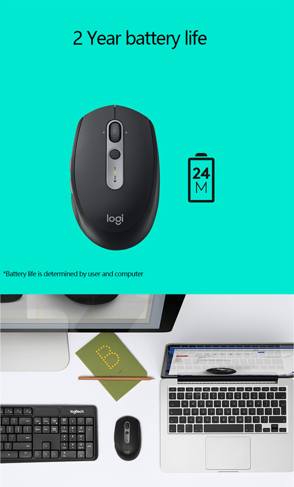 Logitech M590 Wireless Mute Mouse Bluetooth 2.4G Dual Mode Multi-device Control - Black