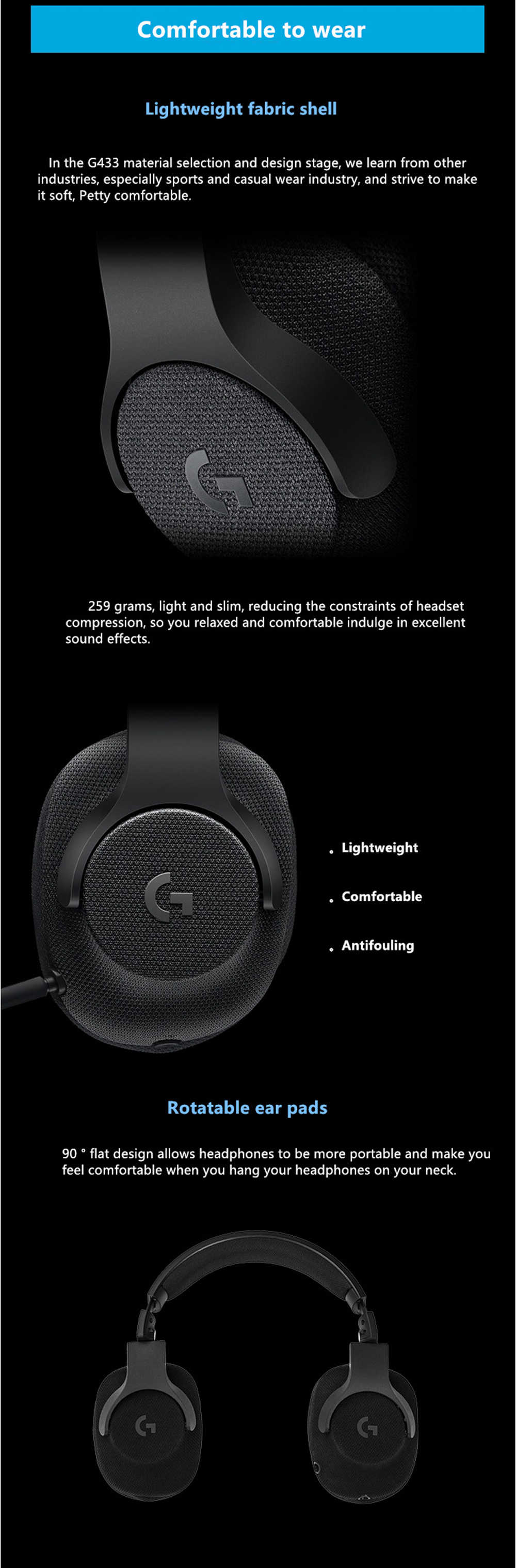 Logitech G433 7.1 Wired Surround Sound Gaming Headset with Mic E-sports Headset - Black