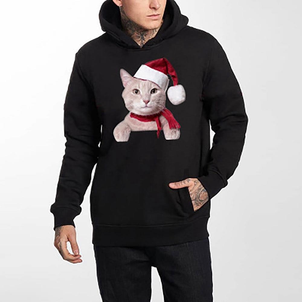 Unisex Christmas Series Cartoon Cat Pattern Hoodie (Hooded Pullover Sweatshirt Size S) - Black