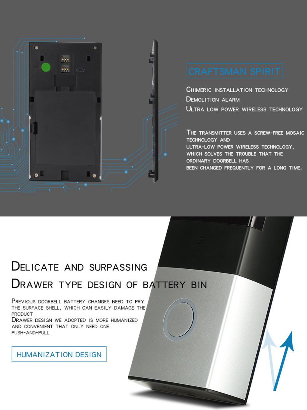 Danmini WF06 WIFI Wireless Video Intercom Doorbell Low Power Mobile Phone Remote Video Smart Doorbell - Silver & Black