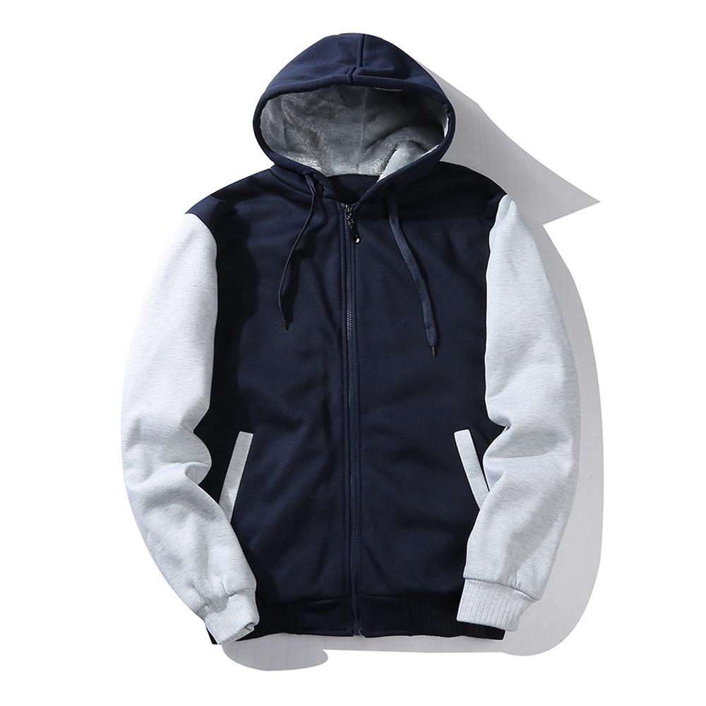 W02 Men's Autumn Winter Casual Color Block Cotton Cashmere Hooded Coat Size M - Blue + Gray
