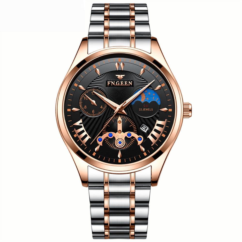 FNGEEN 5606 Men's Stainless Steel Watch Noctilucent Quartz Movement Water-resistant - Rose Gold + Black