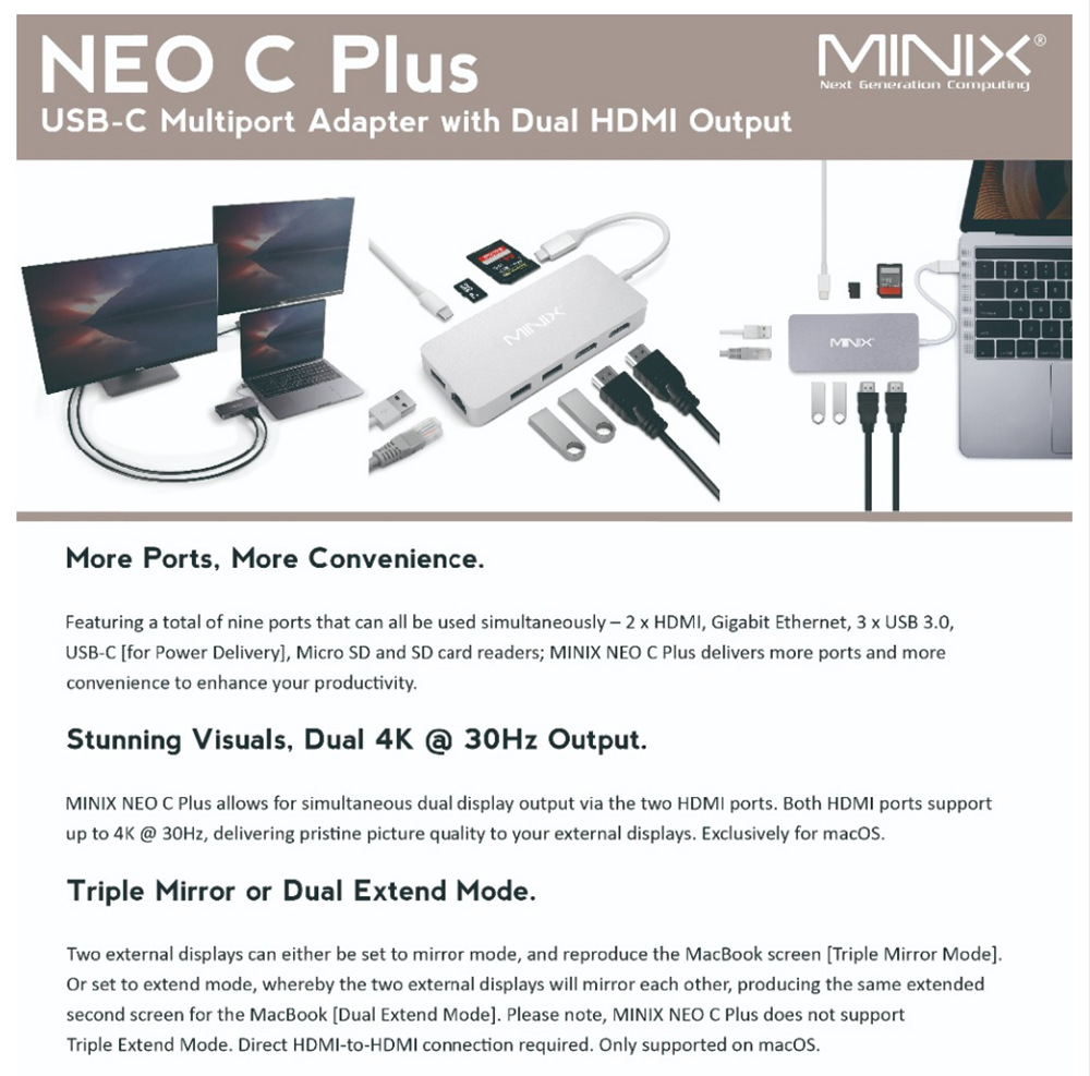 MINIX NEO C Plus USB-C Multiport Adapter with Dual HDMI Output 4K Adapter 3 USB 3.0 Gigabit Ethernet USB-C Charging - Gray