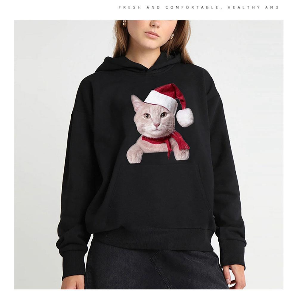 Unisex Christmas Series Cartoon Cat Pattern Hoodie (Hooded Pullover Sweatshirt Size S) - Black