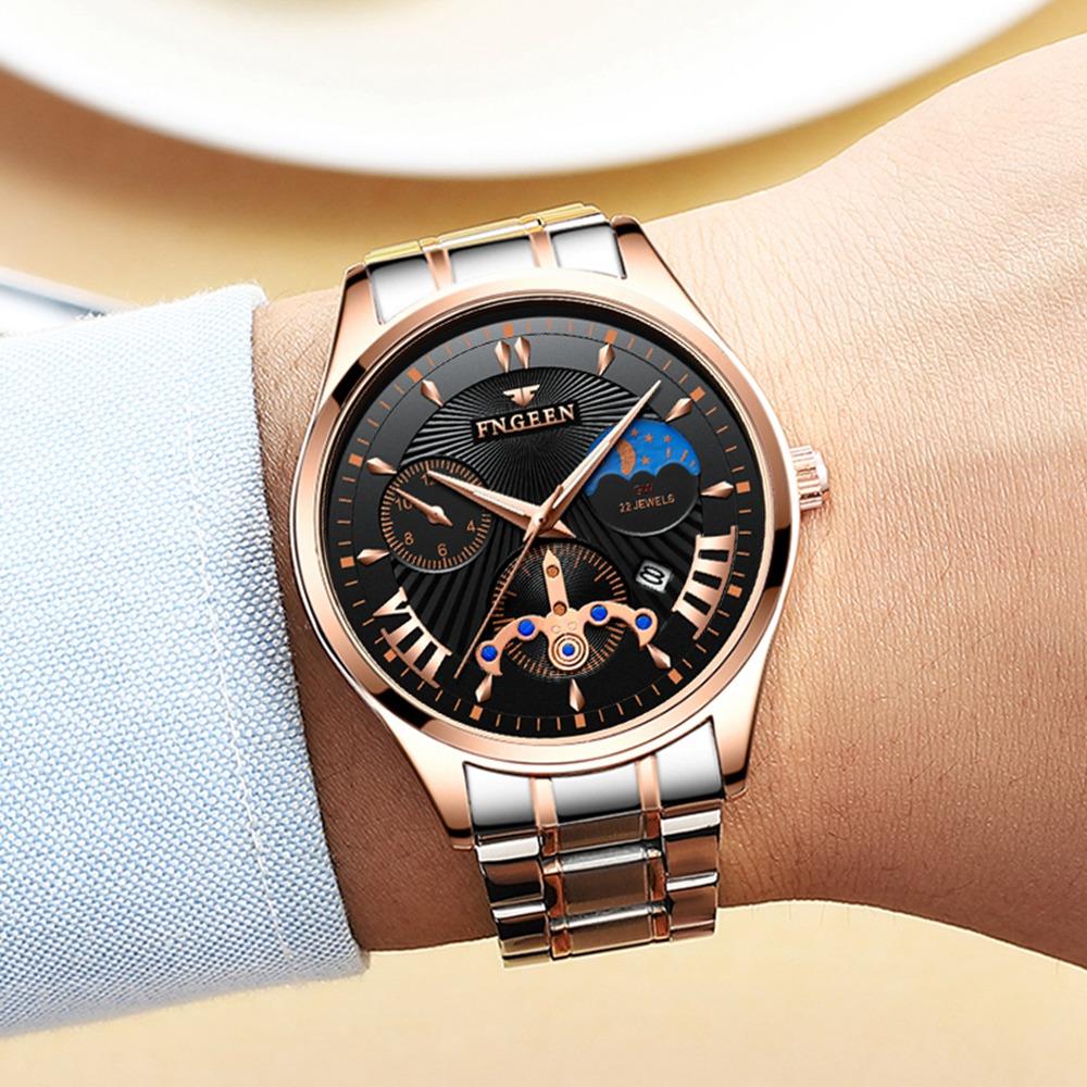 FNGEEN 5606 Men's Stainless Steel Watch Noctilucent Quartz Movement Water-resistant - Rose Gold + Black